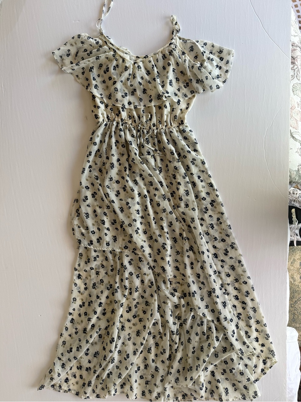 Abercrombie Floral Chiffon Maxi Dress Ruffle Cottagecore Coquette Cream Navy L - Picture 7 of 13